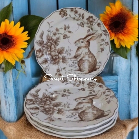 4pc Maxcera Brown Toile Easter Bunny Rabbit Scalloped Cabbage Rose Salad Plates - Picture 1 of 2